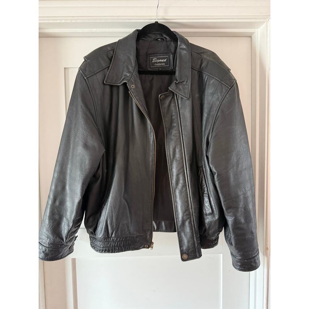 Vintage Black Genuine Leather Jacket Oversized 90s Minimal Beyond California L - Picture 3 of 12